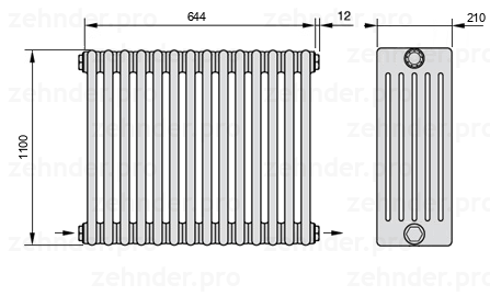 Схема (чертеж) Радиатор Zehnder Charleston 6110/14 №2670 Белый глянцевый RAL 9016